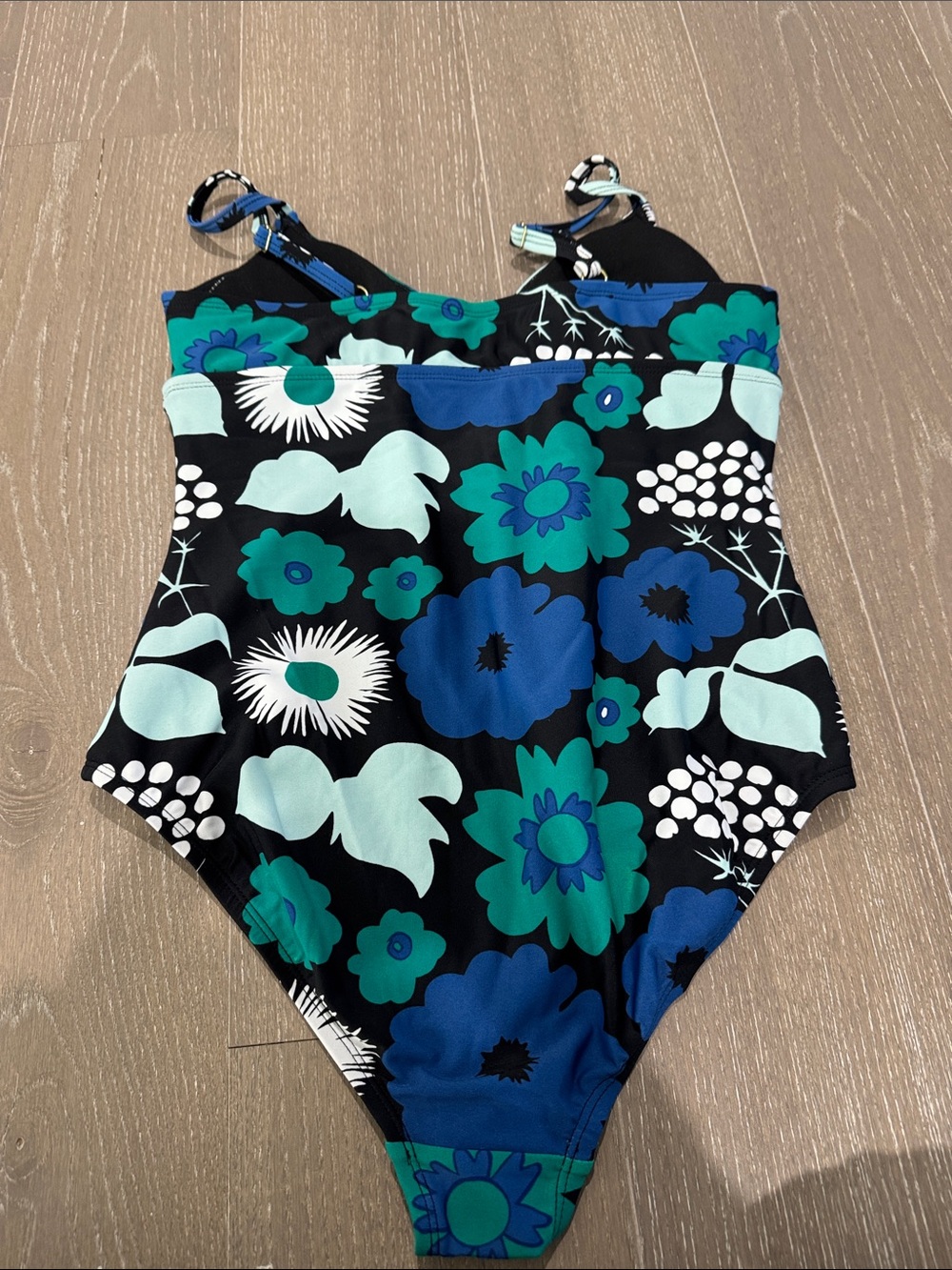 Women’s Floral One-Piece Swimsuit - Black with Blue & Green Flowers - Picture 2 of 2